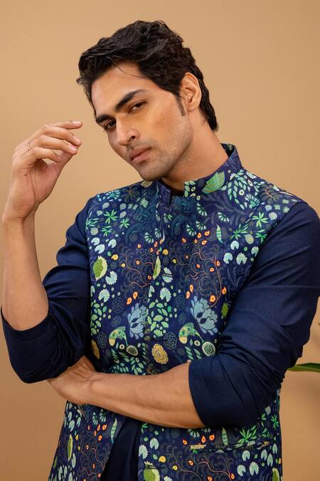 Agape_Blue Cotton Botanical Print Bundi Kurta Set _at_Aza_Fashions