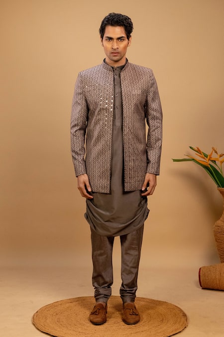 Agape_Gray Silk Sequins Embroidered Printed Bundi Churidar Set_Online_at_Aza_Fashions