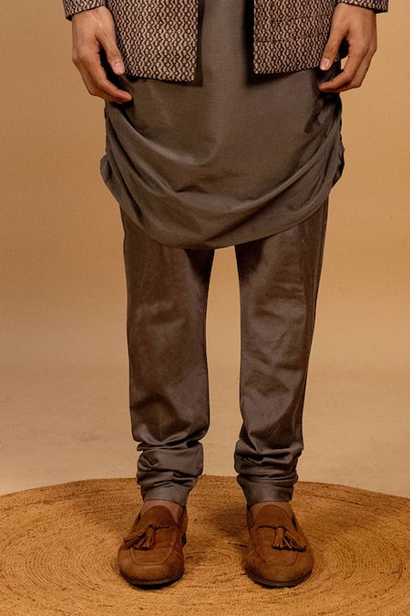 Buy_Agape_Gray Silk Sequins Embroidered Printed Bundi Churidar Set_Online_at_Aza_Fashions