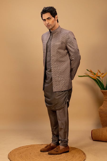 Shop_Agape_Gray Silk Sequins Embroidered Printed Bundi Churidar Set_Online_at_Aza_Fashions