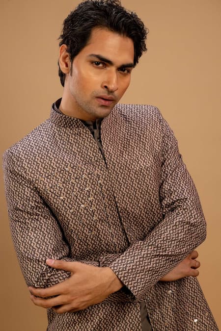 Agape_Gray Silk Sequins Embroidered Printed Bundi Churidar Set_at_Aza_Fashions