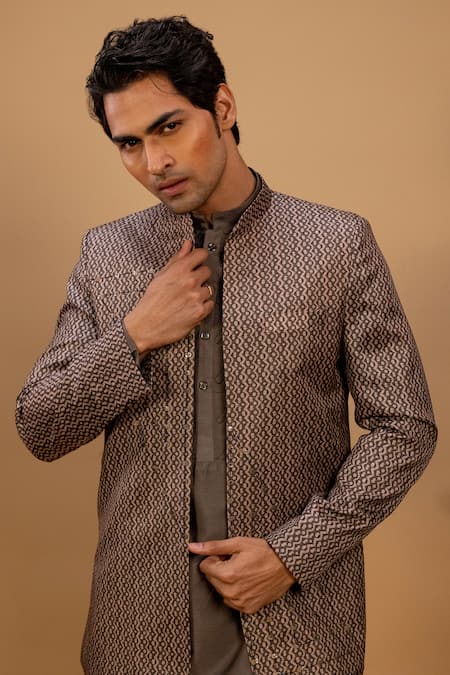 Buy_Agape_Gray Silk Sequins Embroidered Printed Bundi Churidar Set