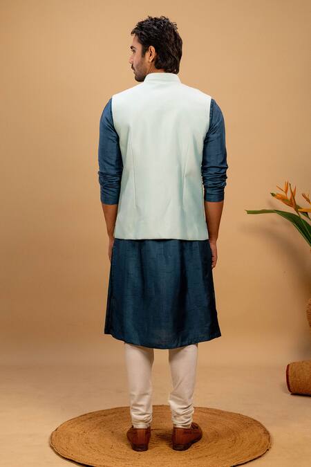 Shop Agape Blue Silk Embroidery Geometric Bundi Kurta Set at Aza Fashions Shop_Agape_Blue Silk Embroidery Geometric Bundi Kurta Set_at_Aza_Fashions