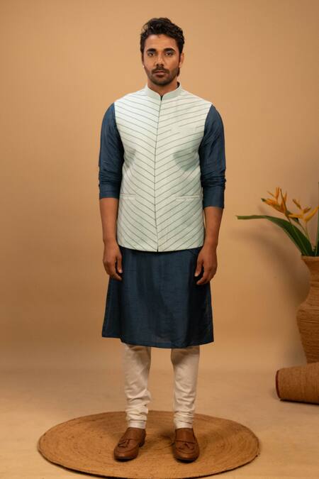 Agape Blue Silk Embroidery Geometric Bundi Kurta Set Online at Aza Fashions Agape_Blue Silk Embroidery Geometric Bundi Kurta Set_Online_at_Aza_Fashions