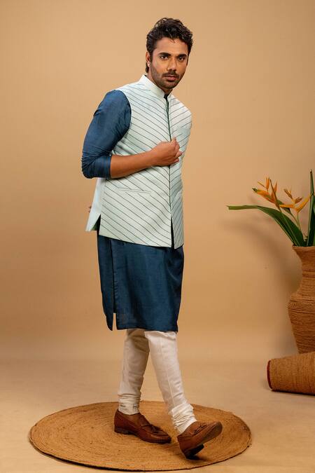 Shop Agape Blue Silk Embroidery Geometric Bundi Kurta Set Online at Aza Fashions Shop_Agape_Blue Silk Embroidery Geometric Bundi Kurta Set_Online_at_Aza_Fashions