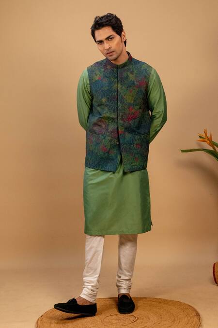 Shop_Agape_Green Cotton, Silk Embroidery Abstract Print Bundi Kurta Set_Online_at_Aza_Fashions