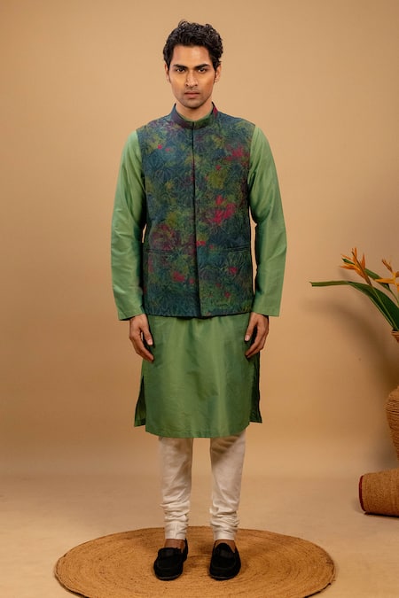 Agape_Green Cotton, Silk Embroidery Abstract Print Bundi Kurta Set_at_Aza_Fashions