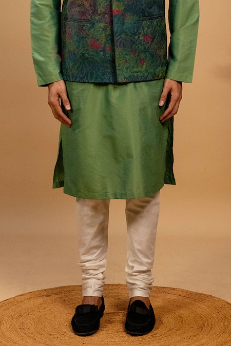 Buy_Agape_Green Cotton, Silk Embroidery Abstract Print Bundi Kurta Set