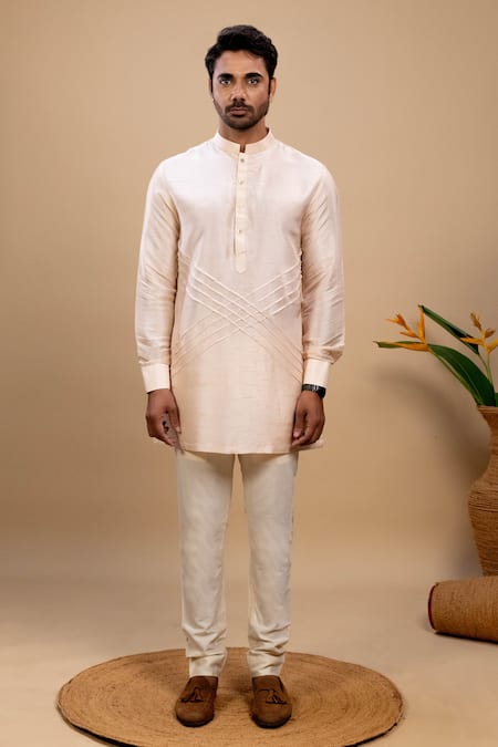 Agape_Peach Silk Printed Applique Jacket Kurta Set_Online_at_Aza_Fashions