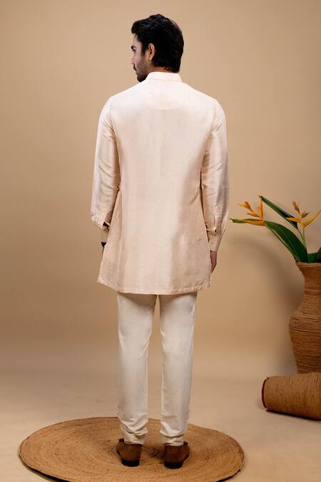 Buy_Agape_Peach Silk Printed Applique Jacket Kurta Set_Online_at_Aza_Fashions