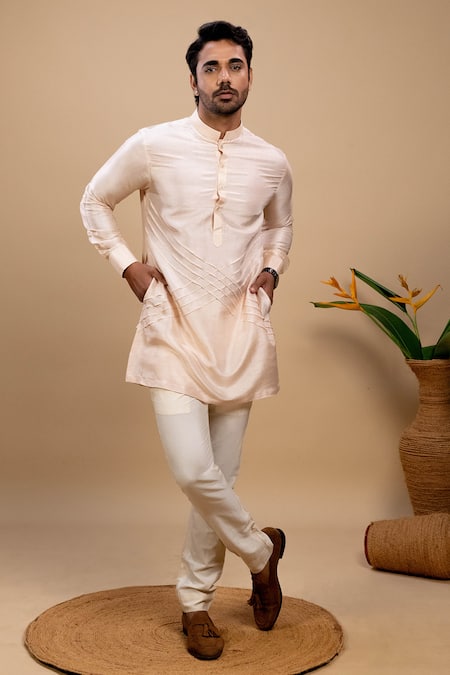 Shop_Agape_Peach Silk Printed Applique Jacket Kurta Set_Online_at_Aza_Fashions