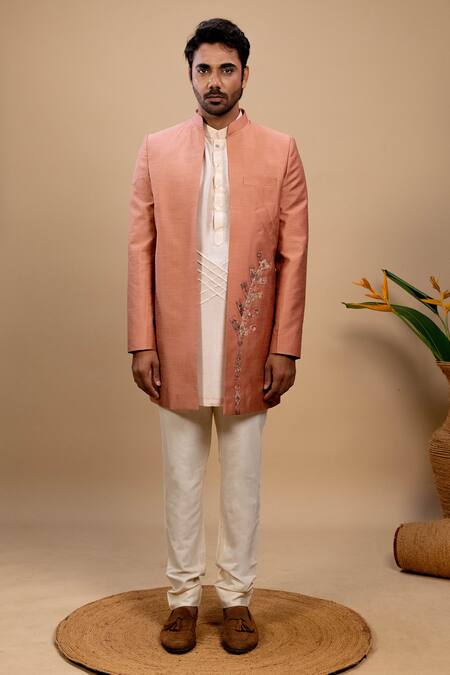 Agape_Peach Silk Printed Applique Jacket Kurta Set_at_Aza_Fashions