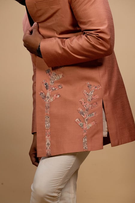 Buy_Agape_Peach Silk Printed Applique Jacket Kurta Set
