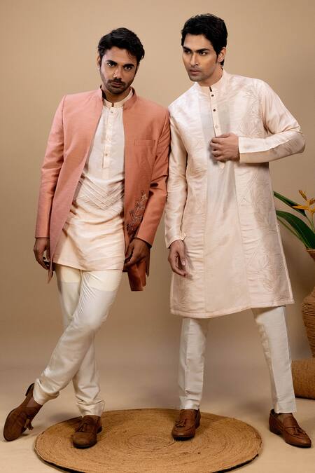 Shop_Agape_Peach Silk Printed Applique Jacket Kurta Set