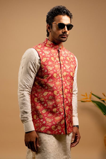 Agape_Red Silk Sequins, Embroidery Floral Bundi Kurta Set_at_Aza_Fashions