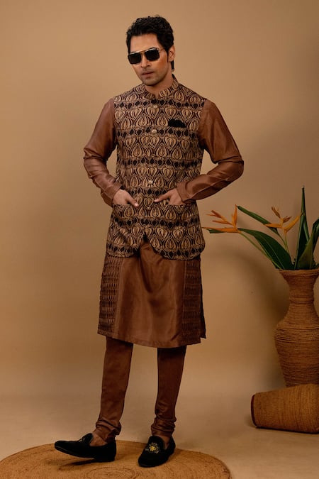 Agape Brown Silk Printed Geometric Bundi Pintuck Kurta Set 