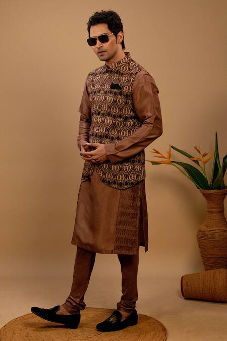 Shop_Agape_Brown Silk Geometric Printed Bundi Kurta Set_Online_at_Aza_Fashions