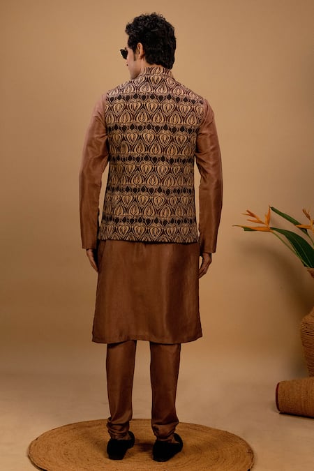 Agape_Brown Silk Geometric Printed Bundi Kurta Set_at_Aza_Fashions