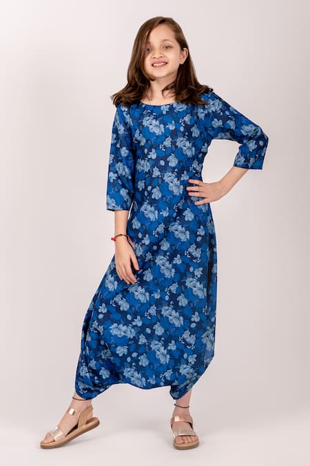 Pasha India_Blue Cotton, Rayon Midnight Iris Bloom Dhoti Jumpsuit _Online_at_Aza_Fashions