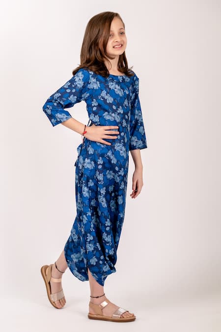 Buy_Pasha India_Blue Cotton, Rayon Midnight Iris Bloom Dhoti Jumpsuit _Online_at_Aza_Fashions
