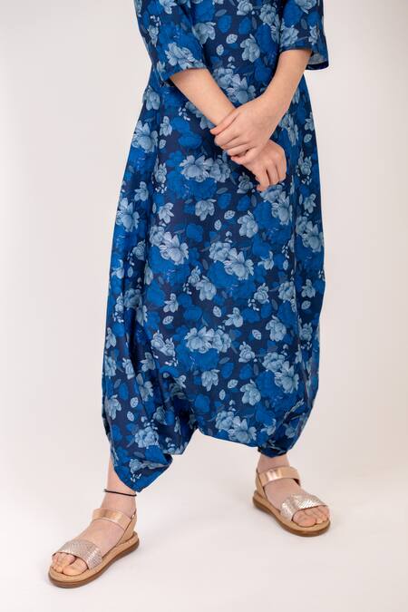 Pasha India_Blue Cotton, Rayon Midnight Iris Bloom Dhoti Jumpsuit _at_Aza_Fashions