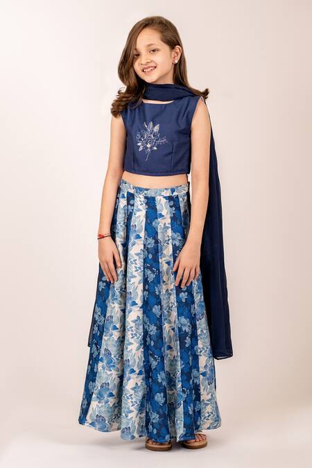 Pasha India_Blue Cotton, Rayon, Organza Embroidery Iris Flora Print Kali Lehenga Set _Online_at_Aza_Fashions