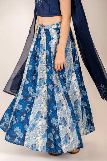 Shop_Pasha India_Blue Cotton, Rayon, Organza Embroidery Iris Flora Print Kali Lehenga Set _Online_at_Aza_Fashions