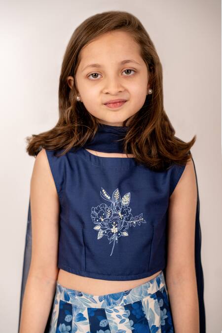 Pasha India_Blue Cotton, Rayon, Organza Embroidery Iris Flora Print Kali Lehenga Set _at_Aza_Fashions