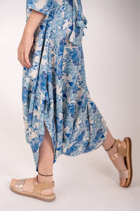 Pasha India_Blue Cotton, Rayon Bluebell Bloom Print Dhoti Jumpsuit _Online_at_Aza_Fashions