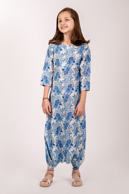 Shop_Pasha India_Blue Cotton, Rayon Bluebell Bloom Print Dhoti Jumpsuit _Online_at_Aza_Fashions