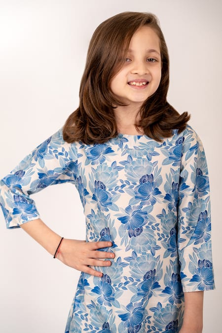 Pasha India_Blue Cotton, Rayon Bluebell Bloom Print Dhoti Jumpsuit _at_Aza_Fashions