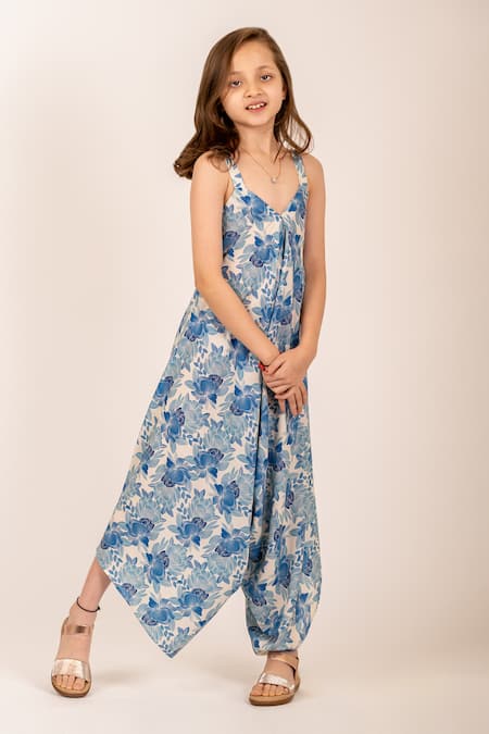 Pasha India_Blue Cotton, Rayon Blossom Print Asymmetric Palazzo Jumpsuit _Online_at_Aza_Fashions