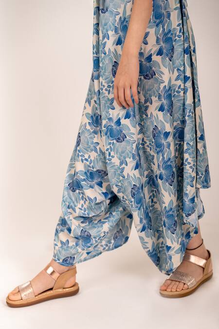 Shop_Pasha India_Blue Cotton, Rayon Blossom Print Asymmetric Palazzo Jumpsuit _Online_at_Aza_Fashions
