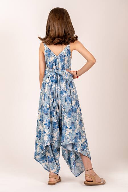 Pasha India_Blue Cotton, Rayon Blossom Print Asymmetric Palazzo Jumpsuit _at_Aza_Fashions