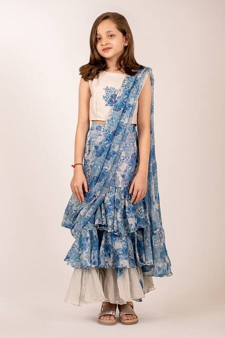 Pasha India_Blue Cotton, Rayon, Bloom Garden Print Pre-draped Ruffle Saree With Blouse _Online_at_Aza_Fashions