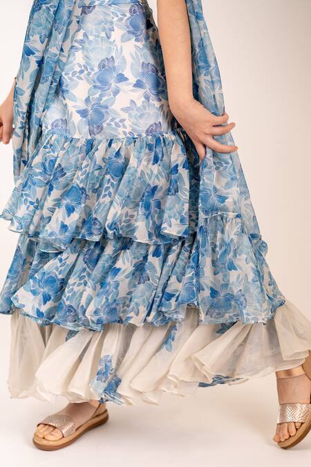 Shop_Pasha India_Blue Cotton, Rayon, Bloom Garden Print Pre-draped Ruffle Saree With Blouse _Online_at_Aza_Fashions