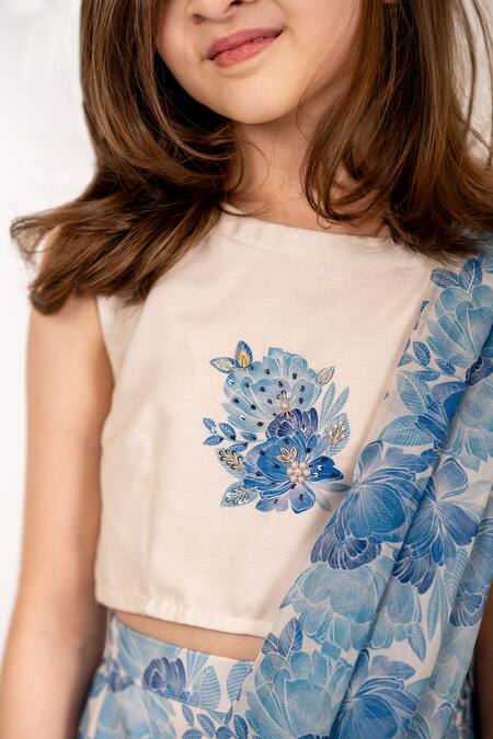 Pasha India_Blue Cotton, Rayon, Bloom Garden Print Pre-draped Ruffle Saree With Blouse _at_Aza_Fashions