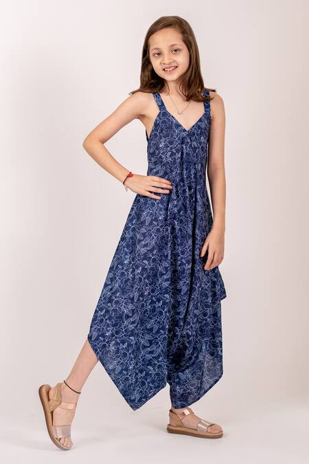 Pasha India_Blue Cotton, Rayon Embroidery Asymmetric Palazzo Floral Print Jumpsuit _Online_at_Aza_Fashions