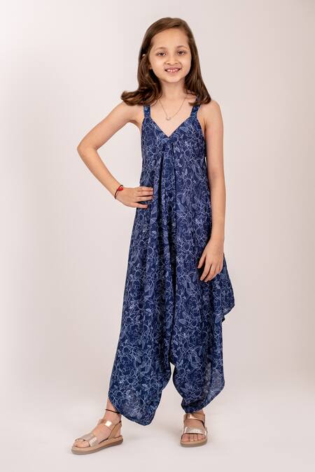 Buy_Pasha India_Blue Cotton, Rayon Embroidery Asymmetric Palazzo Floral Print Jumpsuit _Online_at_Aza_Fashions
