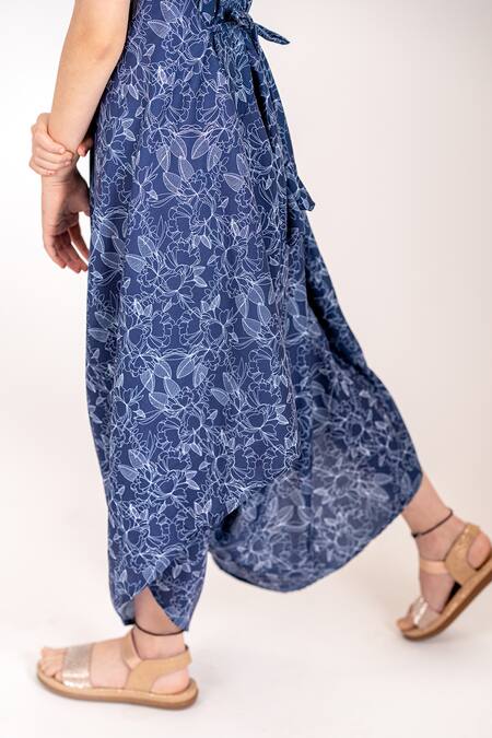 Pasha India_Blue Cotton, Rayon Embroidery Asymmetric Palazzo Floral Print Jumpsuit _at_Aza_Fashions