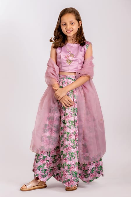 Pasha India_Pink Organza, Denim Embroidery Petunia Garden Print Lehenga Set _Online_at_Aza_Fashions