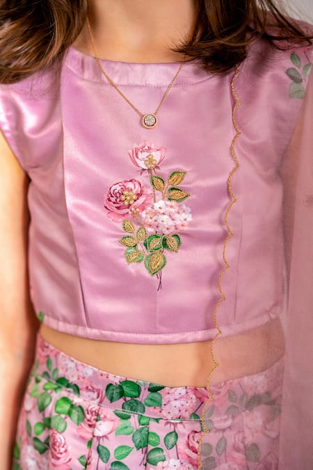 Shop_Pasha India_Pink Organza, Denim Embroidery Petunia Garden Print Lehenga Set _Online_at_Aza_Fashions