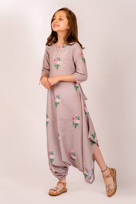Pasha India_Brown Cotton, Rayon Polka Rosa Print Dhoti Jumpsuit _Online_at_Aza_Fashions