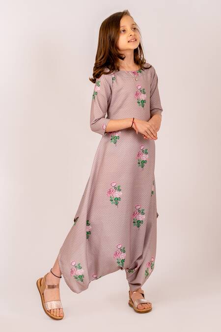Shop_Pasha India_Brown Cotton, Rayon Polka Rosa Print Dhoti Jumpsuit _Online_at_Aza_Fashions