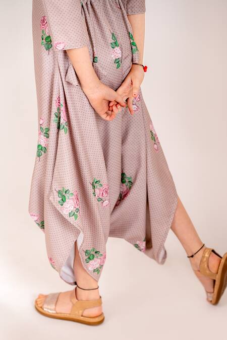 Pasha India_Brown Cotton, Rayon Polka Rosa Print Dhoti Jumpsuit _at_Aza_Fashions