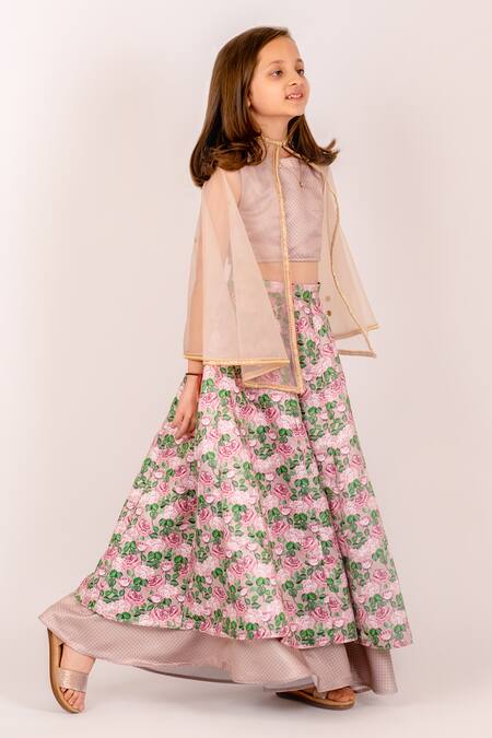 Pasha India_Brown Organza, Denim Zari Pansy Garden Print Layered Kali Lehenga Set _Online_at_Aza_Fashions