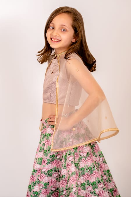 Buy_Pasha India_Brown Organza, Denim Zari Pansy Garden Print Layered Kali Lehenga Set _Online_at_Aza_Fashions