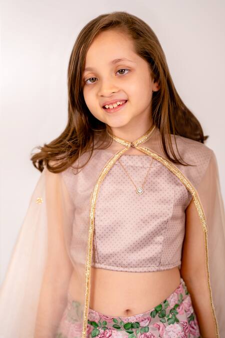 Shop_Pasha India_Brown Organza, Denim Zari Pansy Garden Print Layered Kali Lehenga Set _Online_at_Aza_Fashions