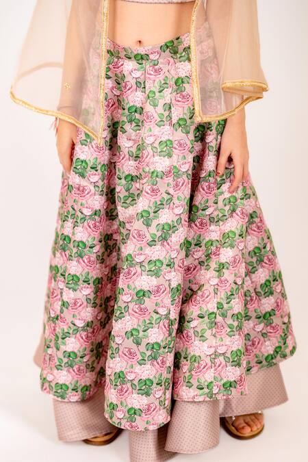 Pasha India_Brown Organza, Denim Zari Pansy Garden Print Layered Kali Lehenga Set _at_Aza_Fashions