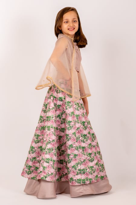 Buy_Pasha India_Brown Organza, Denim Zari Pansy Garden Print Layered Kali Lehenga Set 